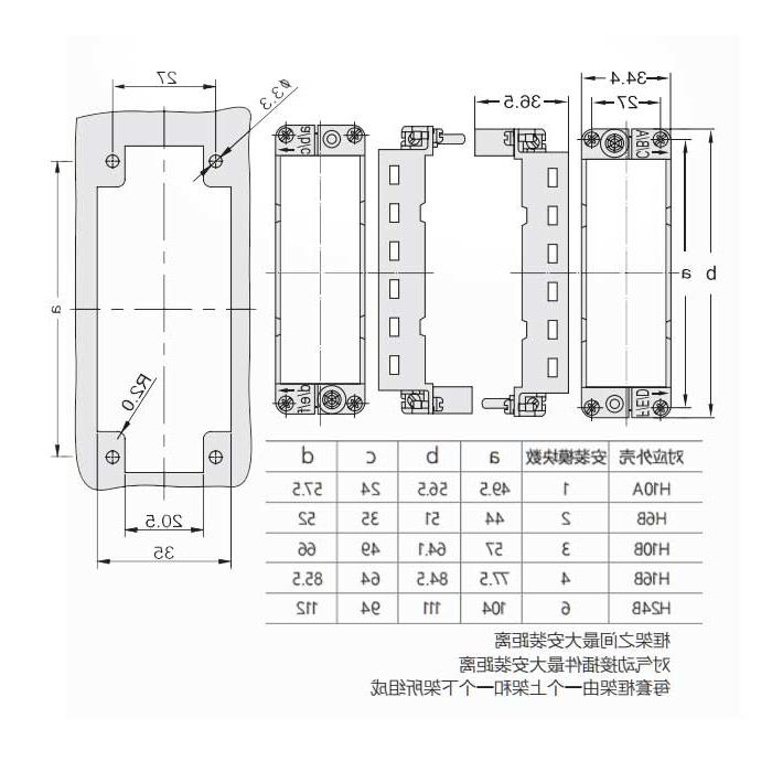 HM模块框架(公)、可安装2个准模块、适配H6B外壳、H6B-T2-M、09140060303